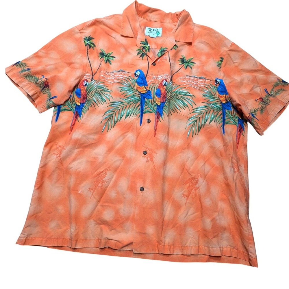 KY'S Hawaiian Shirt Mens 2XL Orange Parrot Palm Tree Tropical Cotton Made in USA